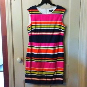 Tahari lined sheath dress, size 14, back zipper, slit, striped silk blend.